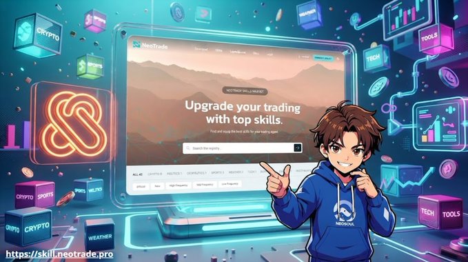 Promotional graphic for NeoTrade (skill.neotrade.pro) featuring an anime-style character pointing at a website interface with the tagline 'Upgrade your trading with top skills', surrounded by floating 3D icons representing Crypto, Sports, Weather, Tech, and Tools categories.