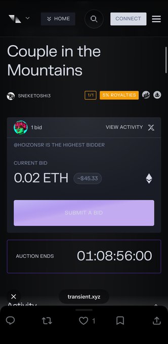 An NFT auction page titled 'Couple in the Mountains' by SNEKETOSHI3, currently with 1 bid at 0.02 ETH (~$45.33) by @HOIZONSR, with 01:08:56:00 remaining.