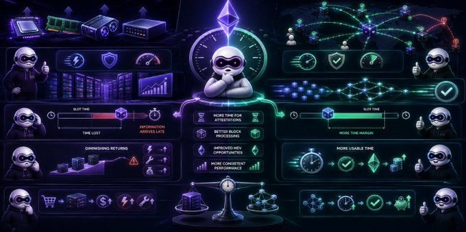 A crypto/blockchain-themed infographic featuring a central mascot character in a hoodie, surrounded by panels depicting slot machine, mission, and mission mascot concepts with text including "MORE TIME FOR ATTENTATIONS", "BETTER BLOCK PROCESSING", and "IMPROVED MEV OPPORTUNITIES".