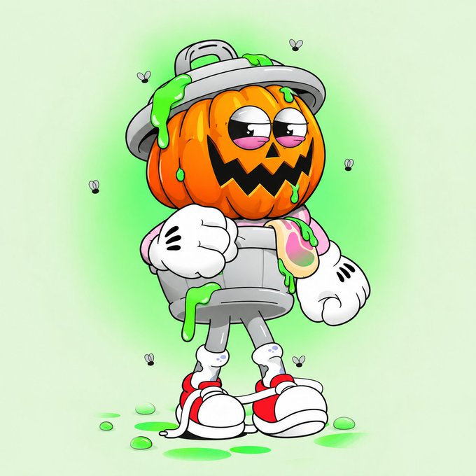 A cartoon illustration of a Halloween-themed character featuring a jack-o'-lantern head with green slime oozing out, wearing Mickey Mouse-style white gloves, sneakers, and standing against a light green background with small flies.
