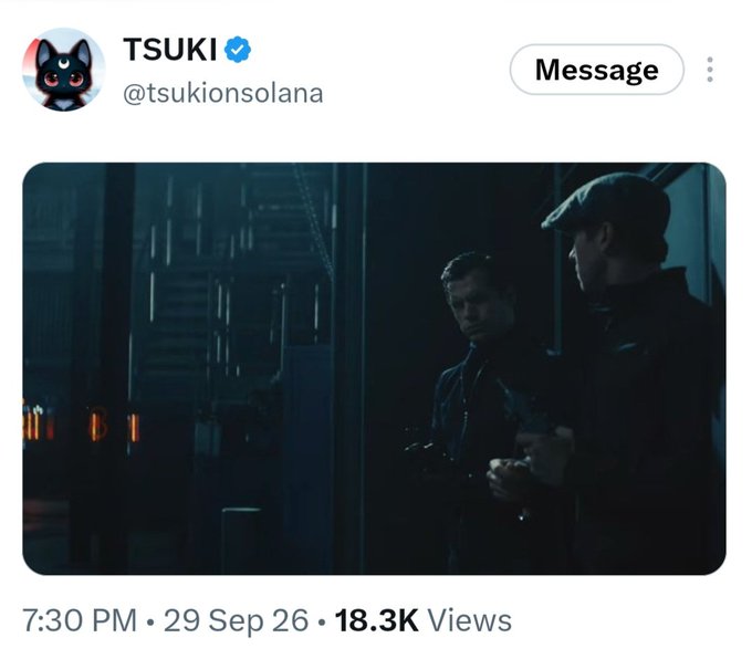 A tweet from verified account TSUKI (@tsukionsolana) posted at 7:30 PM on 29 Sep 26 shows a still from a movie featuring two men in dark clothing, with 18.3K views.