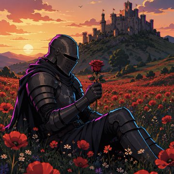 A digital artwork of an armored knight sitting in a field of red poppies at sunset, holding a red rose, with a medieval castle on a hill in the background.