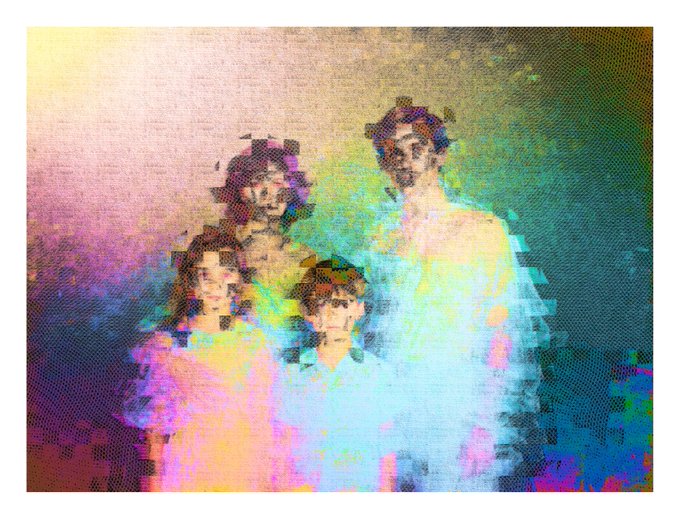 An impressionistic, pixelated painting of a family group rendered in soft, blended pastel colors including pink, yellow, blue, and purple.