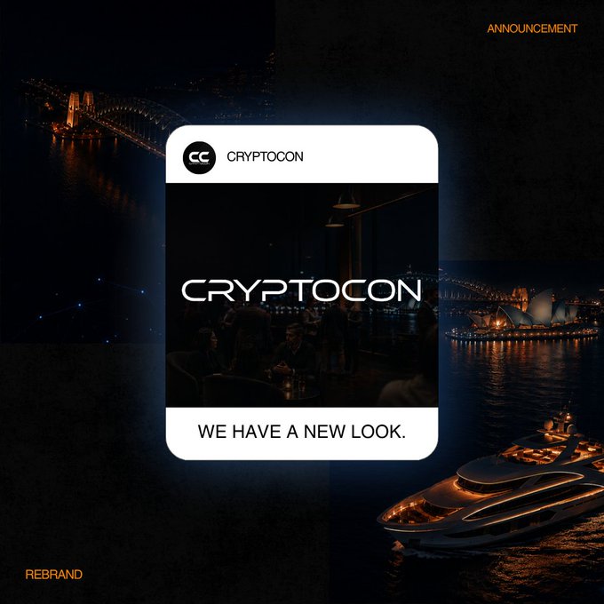 A promotional graphic for CryptoCon featuring the text "CRYPTOCON", "WE HAVE A NEW LOOK.", "ANNOUNCEMENT", and "REBRAND" overlaid on a nighttime cityscape background showing the Sydney Opera House and Harbour Bridge.