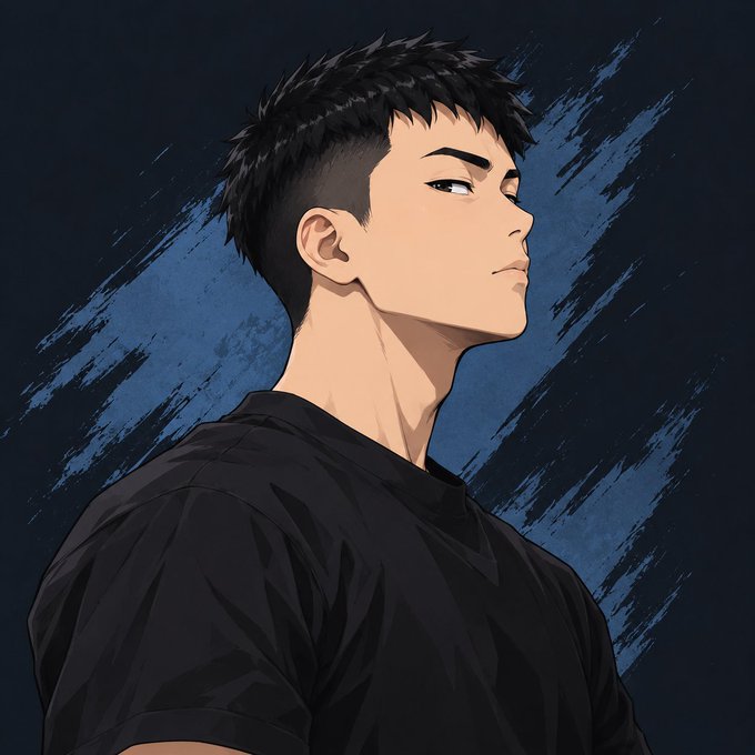 An anime-style illustration features a young man with short spiky black hair wearing a black t-shirt, shown in profile against a dark blue background with textured brushstrokes.