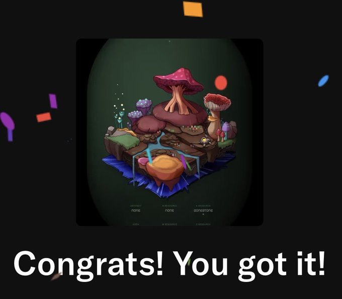 A screenshot of a 3D mushroom diorama NFT with the caption 'Congrats! You got it!' displayed in large white text across the bottom, with confetti scattered around.