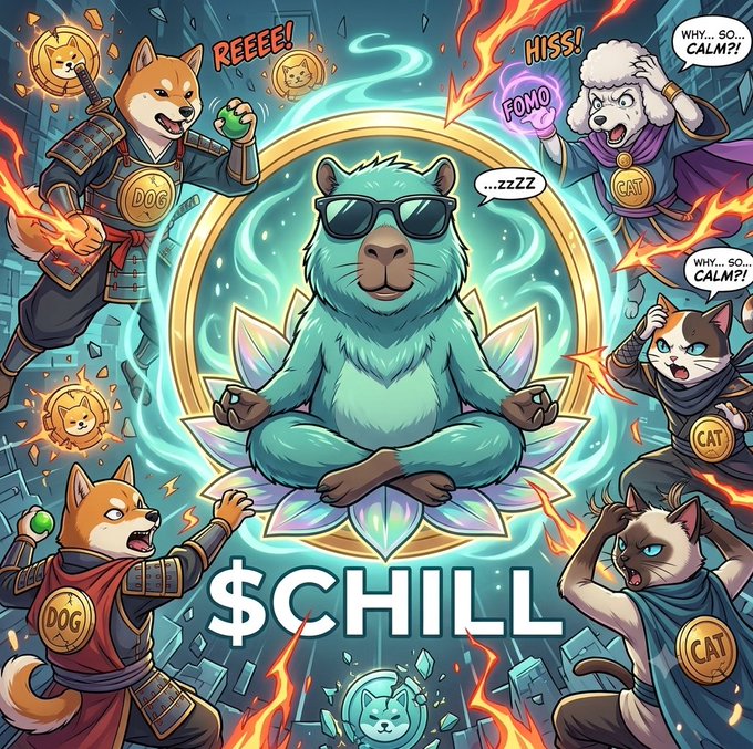 The image features a cartoon illustration of a blue bear sitting in a lotus position, surrounded by other cartoon characters such as a cat, dog, and hedgehog. The bear has sunglasses on its head and appears to be in a meditative state with his eyes closed. The background is filled with smoke and fire elements, creating an atmosphere of mystery or danger. The image also includes text that reads "Be the first to $CHILL #solana #bitcoin". This suggests that there might be some sort of connection between the illustration and the cryptocurrency world, possibly related to a game or event involving the characters in the image.