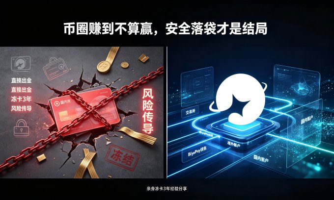 Chinese-language graphic warning about crypto withdrawal risks, contrasting frozen assets and risk transmission with secure payment technology, referencing a 3-year prison sentence for related fraud.
