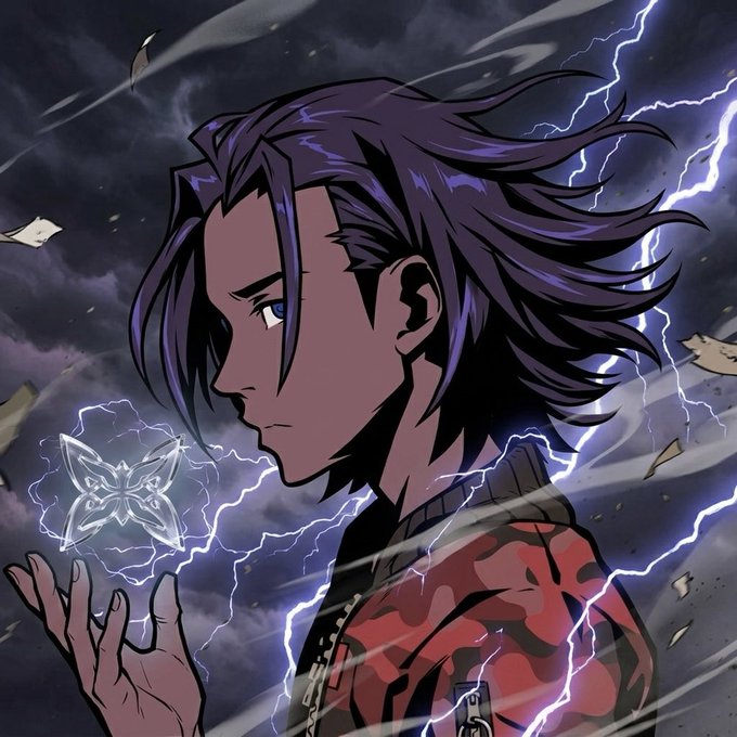 The image features an illustration of a person with long hair wearing a red shirt, standing against a dark sky filled with lightning bolts. The person appears to be holding something in their hand, possibly a butterfly or a crystal ball. The background consists of clouds and lightning bolts, creating a dramatic atmosphere. The post also mentions that the artwork is generated by @QuipNetwork on chain, which adds an element of uniqueness and personal touch to each piece.
