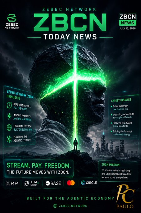 Zebec Network (ZBCN) Today News poster dated July 15, 2026, featuring highlights like 'Real-Time Payroll for the World,' 'Instant Payments Anytime, Anywhere,' and 'Financial Freedom Built on Blockchain,' with the tagline 'Stream. Pay. Freedom. The Future Moves with ZBCN.'