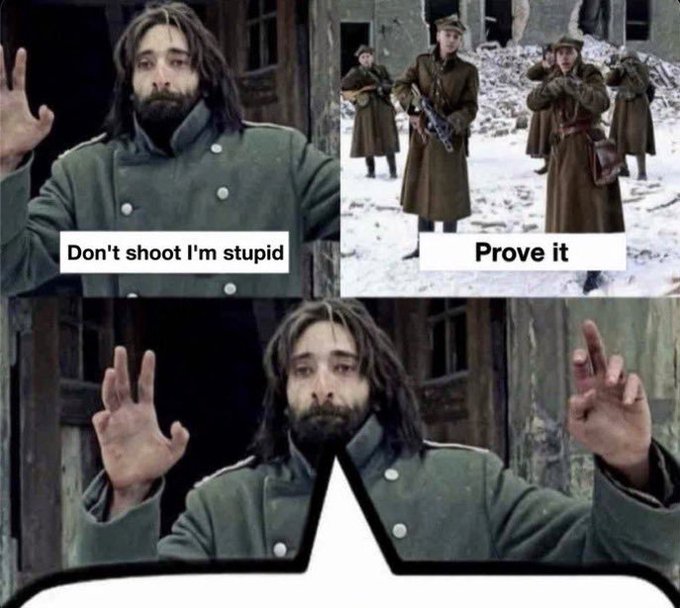 A meme using scenes from a war film, showing a man with his hands up captioned "Don't shoot I'm stupid" and soldiers captioned "Prove it," with the man then displaying middle fingers in the final image.