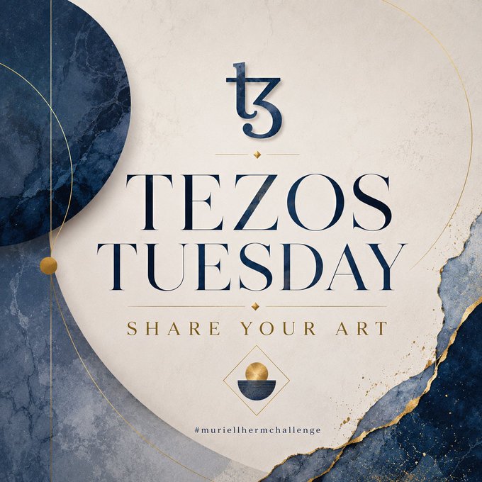 The image features a poster for Tezos Tuesday with a blue background featuring gold circles, lines, and shapes. The text "Tezos Tuesday" is written in white letters above the design elements. Below the design, there's a hashtag "#TezosTuesday" that encourages people to share their art on this day. The post also mentions that it was created by Muriel Sheeran Challenge and has been shared by @objktcom.