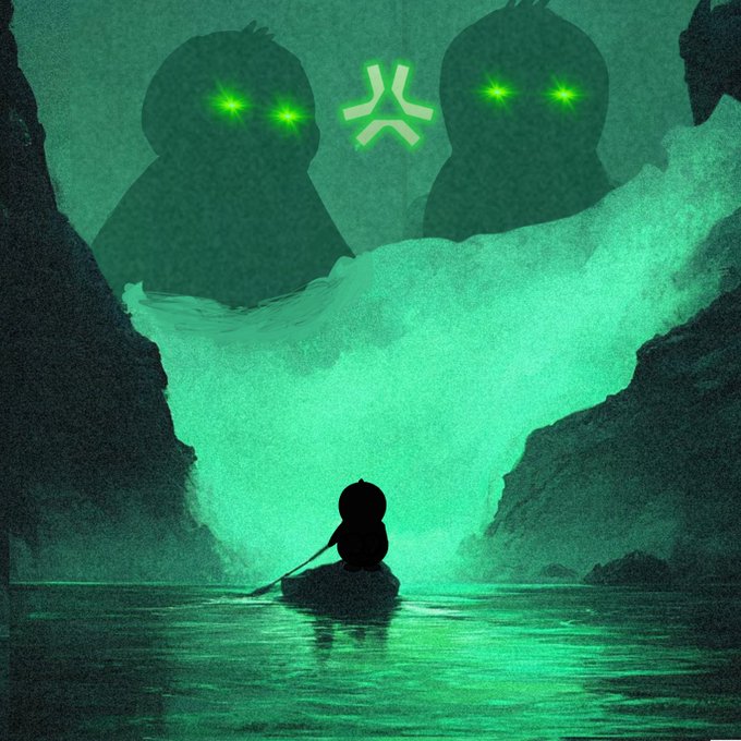 The image features a person sitting inside a boat on a river, surrounded by green water and mountains. The scene appears to be set in an alternate universe where two giant green monsters are floating above them. One monster has glowing eyes that appear angry or frustrated, while the other one is smiling. The overall atmosphere of the image seems to be mysterious and intriguing, with the person inside the boat being the only living being present.