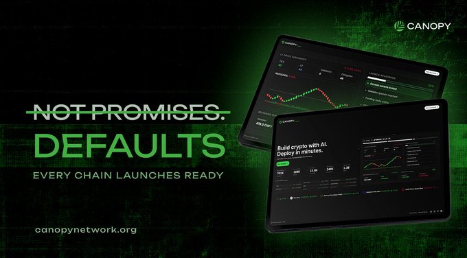 A promotional graphic for 'CANOPY' with the text 'NOT PROMISES. DEFAULTS' and 'EVERY CHAIN LAUNCHES READY' next to images of their crypto trading dashboard interface.