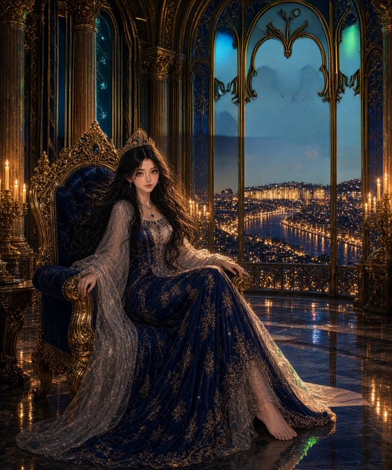 A regal woman in a jeweled crown and ornate dark-blue gown sits on a gilded throne inside a candlelit, gothic palace, with arched windows overlooking a glowing river city at night. The image has no visible text, numbers, tickers, or names; paired with the post’s “Good night Web3” message about Agentic Credit Score, its royal, trust-and-status aesthetic visually frames the idea of AI agents needing a credible track record before earning capital.