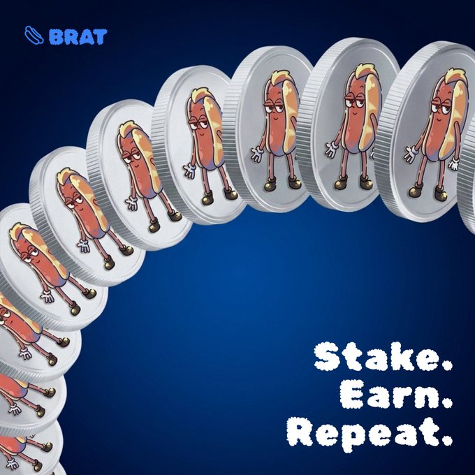 An advertisement for 'BRAT' cryptocurrency featuring animated hot dog characters on coins with the text 'Stake. Earn. Repeat.' against a blue background.
