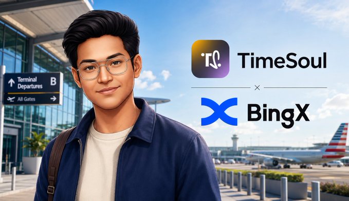 A promotional graphic featuring a stylized 3D character at an airport terminal announcing a partnership between TimeSoul and BingX.
