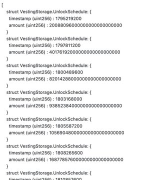 A code snippet showing a list of `struct VestingStorage.UnlockSchedule` objects with Unix timestamps and amounts.