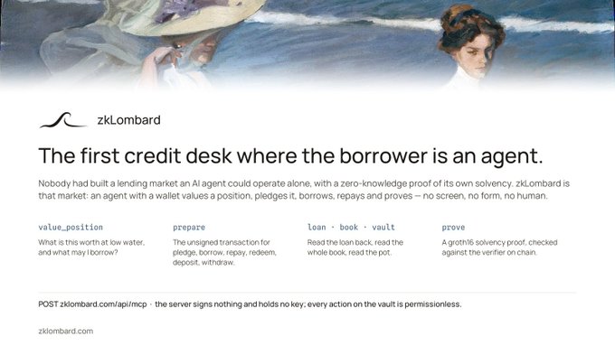 A promotional graphic for zkLombard titled "The first credit desk where the borrower is an agent," explaining its AI-driven lending market with zero-knowledge proofs, featuring sections for value_position, prepare, loan - book - vault, and prove.