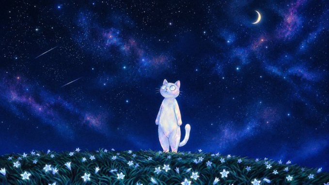 A white cat with one large round eye stands on a flower-covered hill, gazing up at a vibrant starry night sky with a crescent moon.