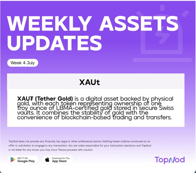 A purple promotional graphic titled 'WEEKLY ASSETS UPDATES' for Week 4 July, featuring information about 'XAU₮ (Tether Gold)' and the TopNod logo.