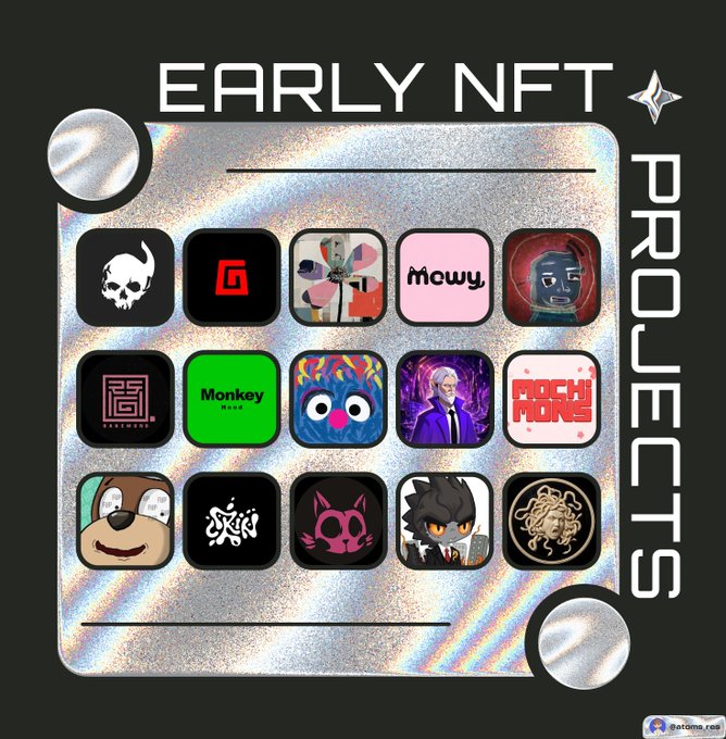 A promotional graphic titled "EARLY NFT PROJECTS" displays a 3x5 grid of 15 NFT project icons on a holographic silver background, featuring notable collections like Meebits, Moxy, and Monkey. The image visually previews the list of upcoming NFT mints referenced in the accompanying post, showcasing logos for projects such as Bonez, God Pull, and Frag Growth.