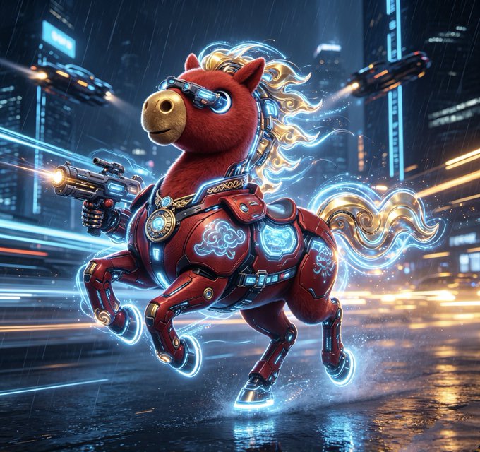 The image features a cartoon horse with blue neon lights, giving it an futuristic appearance. The horse is depicted running through a city street at night, surrounded by buildings and cars. The background of the image includes neon lights that create a vibrant atmosphere. The caption above the image reads "吉祥马从不是普通的Meme，它是你我共同铸造的赛博祥瑞图腾", which suggests that this is a meme or a piece of art inspired by the character "吉祥马". The image also includes text about the post, indicating it was created for an audience interested in Memes and futuristic elements.