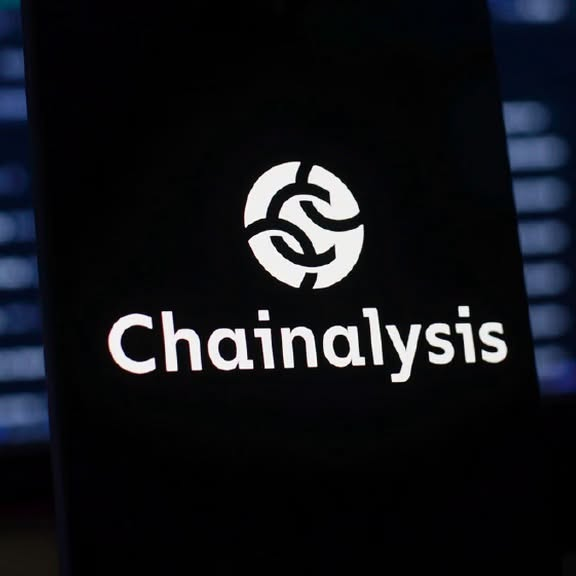 A close-up of the 'Chainalysis' logo and company name illuminated on a dark screen, featuring a white circular emblem of interlocking curved shapes.