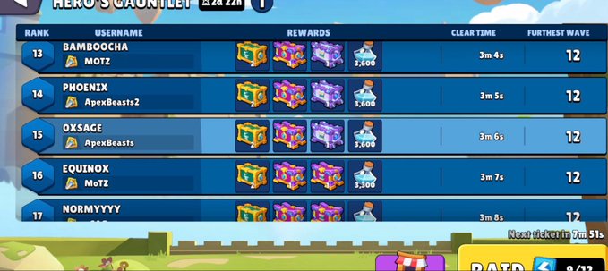 A game leaderboard titled 'HERO'S GAUNTLET' showing ranks 13-17, including users 'BAMBOOCHA/MoTZ', 'PHOENIX/ApexBeasts2', 'OXSAGE/ApexBeasts', 'EQUINOX/MoTZ', and 'NORMYYY' with various rewards and clear times.