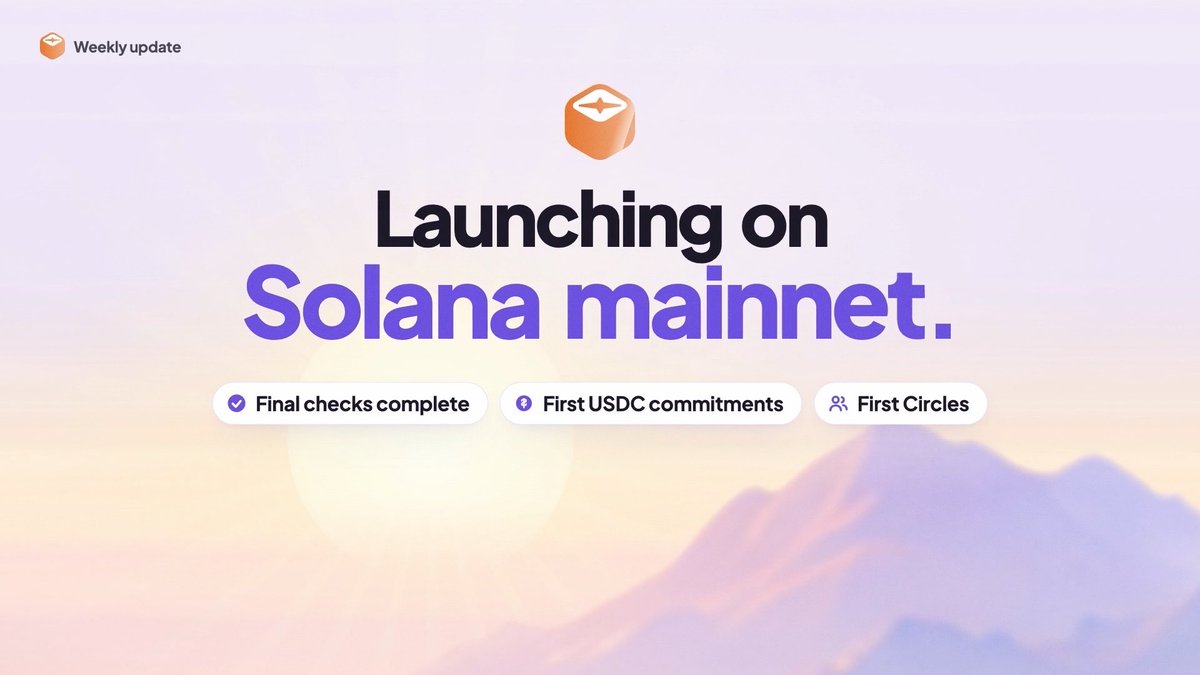 A weekly update graphic announcing "Launching on Solana mainnet," with status indicators for "Final checks complete," "First USDC commitments," and "First Circles," set against a purple sunset mountain landscape.