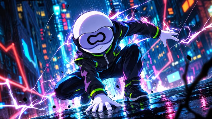 An anime-style character in a dark jumpsuit with neon green accents and a white helmet with a purple visor crouches dynamically amid purple lightning and electric effects in a cyberpunk cityscape.