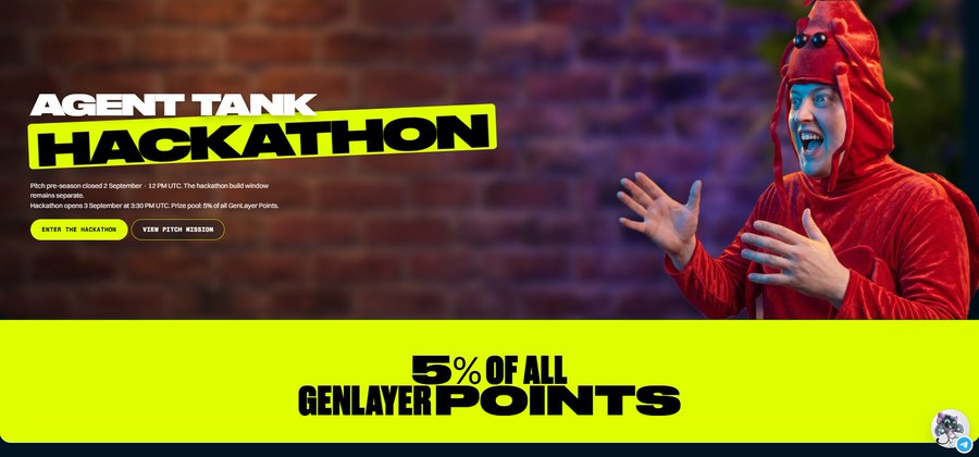 A promotional banner for the "Agent Tank Hackathon" featuring a person in a red hooded costume with an exaggerated excited expression, announcing a pre-season hackathon with a pitch deadline of 2 September at 12 PM UTC and highlighting that 5% of all GenLayer Points will be awarded. The image supports the post's theme by visually representing the high-stakes, judgment-heavy nature of Agent Tank, where subjective evaluation by investors mirrors the post's central question about who determines truth when outcomes are ambiguous.