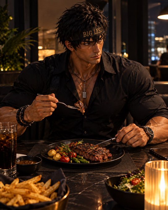 A muscular man with the text "BIG LES" visible on his headband enjoys a steak dinner at a restaurant, with fries, asparagus, and potatoes on his plate. The "GN CT" likely references his well-built physique, as "gun" chest (pronounced similarly) is slang for a muscular torso, which is prominently displayed in his unbuttoned black shirt.