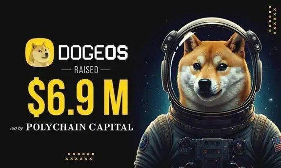 The image features a man dressed as a Space Dog on an astronaut suit, standing in front of a postcard that displays data related to the DogeOS loyalty campaign for Polychain Capital. The text indicates that the campaign raised $6.9M in donations and is currently active. This information suggests that people have been engaged with this campaign by contributing funds, as indicated by the amount raised.