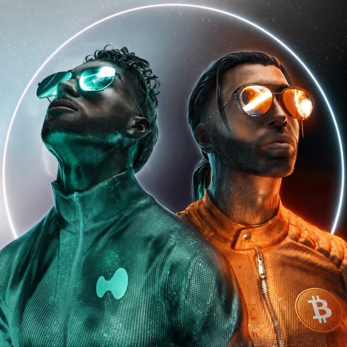 Two stylized figures stand back-to-back in cosmic attire—one wearing teal with a "HYPE" emblem and the other orange with a "₿" Bitcoin logo—both sporting reflective sunglasses, symbolizing the post's message of abandoning altcoins to focus solely on HYPE and BTC.