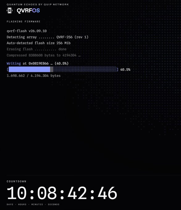 A terminal-style interface showing firmware flashing progress for 'QVRFOS' at 40.5% (1,698,662 / 4,194,304 bytes) with a countdown timer of 10 days, 08 hours, 42 minutes, 46 seconds.