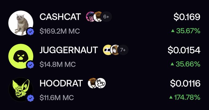 Cryptocurrency list showing CASHCAT at $0.169 (35.67% up), JUGGERNAUT at $0.0154 (35.66% up), and HOODRAT at $0.0116 (174.78% up).