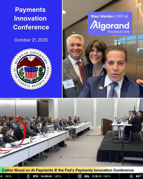 A promotional graphic for the 'Payments Innovation Conference' on October 21, 2025, hosted by the Board of Governors of the Federal Reserve System, featuring Staci Warden, CEO at Algorand Foundation, alongside photos of attendees and a panel session titled 'Cathie Wood on AI Payments @ the Fed's Payments Innovation Conference' with a crypto ticker bar at the bottom.