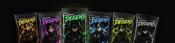 A lineup of six 'Degens' trading card packs featuring a hooded character, each with different colored glow effects (yellow, purple, green, blue, etc.).