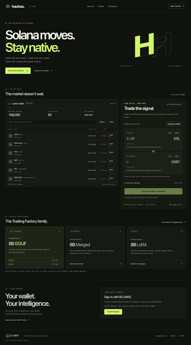 A dark-themed website screenshot for 'howlat' with the headline 'Solana moves. Stay native.', showing a trading interface with SOL/USDC market data and a list of trading pairs including GGUF, Merged, and LoRA.