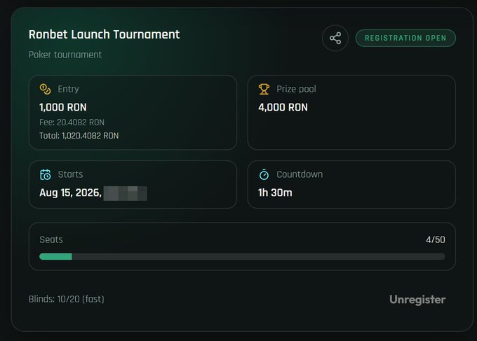 Ronbet poker tournament lobby showing a 4,000 RON prize pool with 1,000 RON entry fee, starting August 15, 2026, with 4/50 seats filled.
