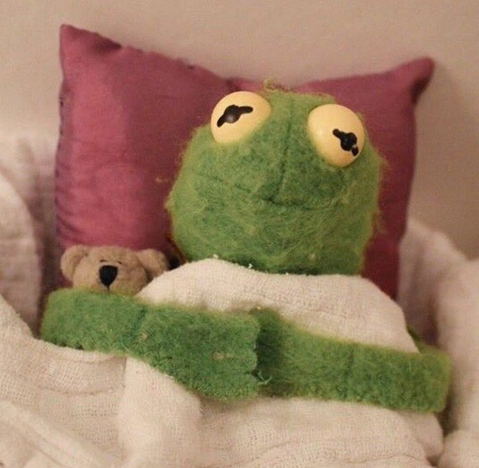 Kermit the Frog plush toy tucked under a white blanket in bed next to a small teddy bear, with a red pillow behind him.