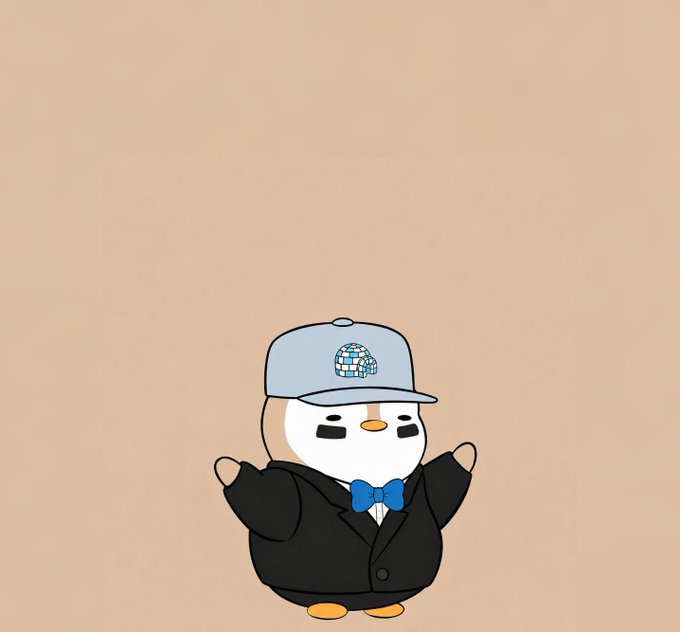 A cartoon penguin wearing a gray cap with a disco ball, a black suit, and a blue bow tie against a tan background.