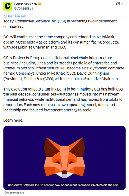 A screenshot of a tweet from Consensys.eth announcing that Consensys Software Inc. (CSI) is becoming two independent companies, with a geometric fox image referencing the MetaMask and new Consensys entities.