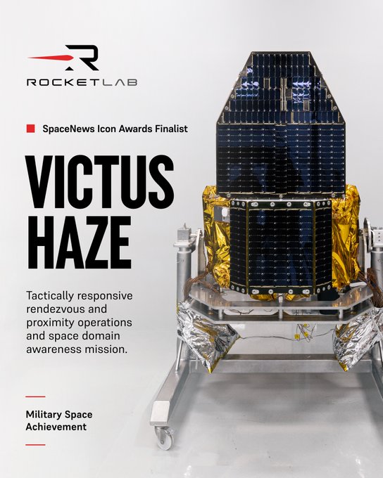 Rocket Lab promotional image for 'VICTUS HAZE,' described as a tactically responsive rendezvous and proximity operations and space domain awareness mission, recognized as a SpaceNews Icon Awards Finalist in the Military Space Achievement category.