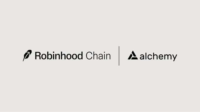 The image displays the logos of "Robinhood Chain" and "alchemy" side by side on a light gray background, visually representing the partnership announcement that Robinhood Chain is now live on Alchemy's platform.