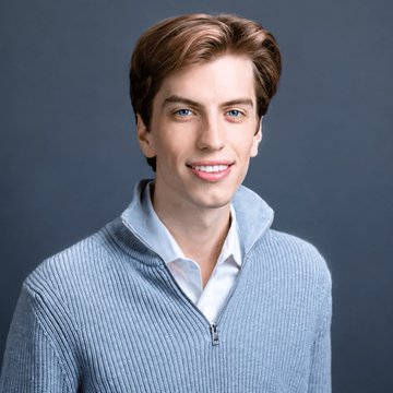 A smiling young man with brown hair poses against a gray background wearing a light blue ribbed zip-up sweater over a white collared shirt. The clean-cut, polished appearance gives a corporate or professional headshot vibe, fittingly paired with the post's joke suggesting he should "join shillz" to recover financially.