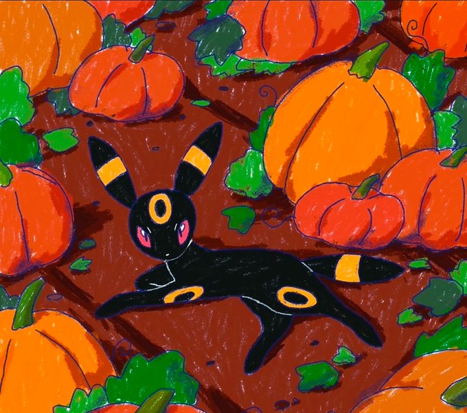 Digital artwork depicting the Pokémon Umbreon lying in a pumpkin patch, surrounded by orange pumpkins and green vines.
