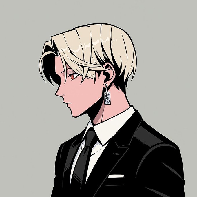 Anime-style illustration of a young man with blond and black hair in profile view, wearing a black suit, white shirt, black tie, and a dangling earring.