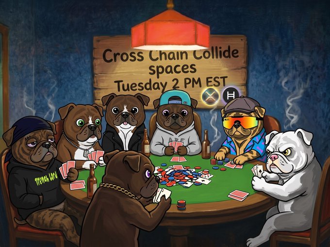 An illustration of seven dogs playing poker at a table with a sign reading 'Cross Chain Collide spaces Tuesday 2 PM EST'.